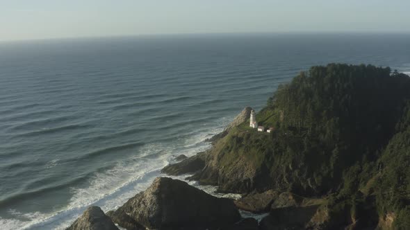 Wide aerial of Haceta Head lighthouse in Oregon