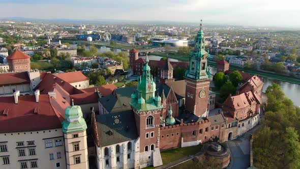 Aerial footage of Wawel Royal Castle in Cracow, Krakow, Poland, Polska