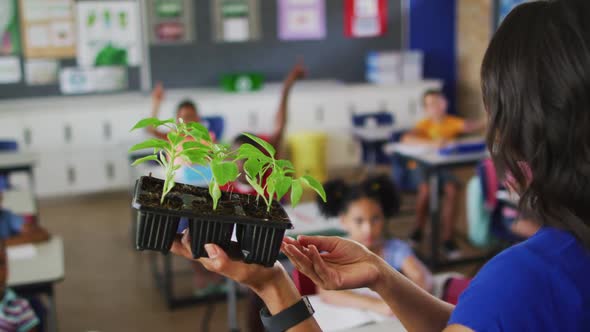 Mixed race female teacher standing in classroom asking questions abount plant during biology lesson