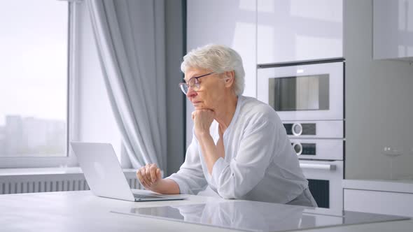 Old corporate manager with short grey puts head on wrinkly hand looking into laptop display