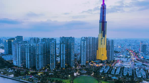 Aerial Hyper Lapse of Sunset Downtown Sai Gon - Ho Chi Minh city, Viet Nam