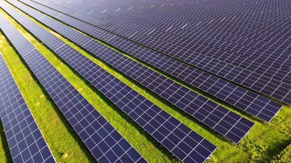 Aerial Drone View Flight Over Solar Power Station Panels