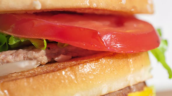 Macro Shot Delicious Red Tomato Slice in Appetizing Fresh Burger Rotating Shot