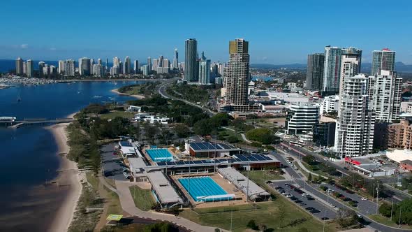 Aerial view showing Australia's Gold Coast waterways and urban sprawl on a clear day