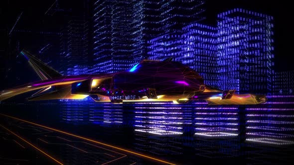 Futuristic Vehicle Moving Among Abstract Buildings In Digital Artificial City alt