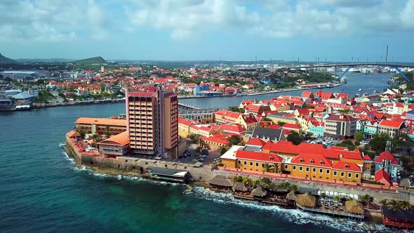 Aerial view truck left of the Punda district of Willemstad, Curacao with Otrobanda and the Oil Refin