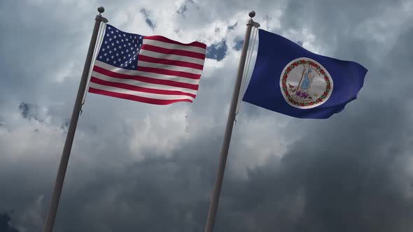 Waving Flags Of The United States And Virginia State Flag 2K