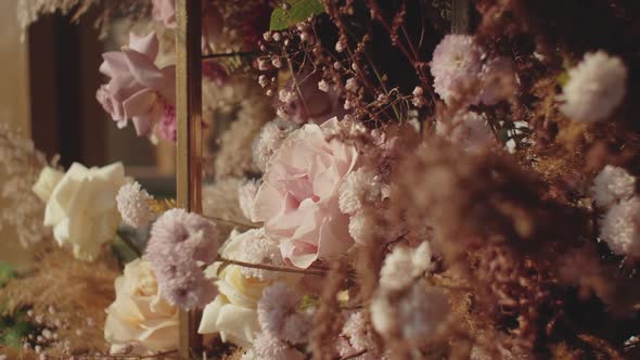 Closeup View of Wedding Floral Decorations of Flowers in Pastel Faded Colors Slow Motion Outside