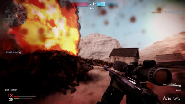 Internet First-person Game Character Runs Through Explosions On Warzone Field