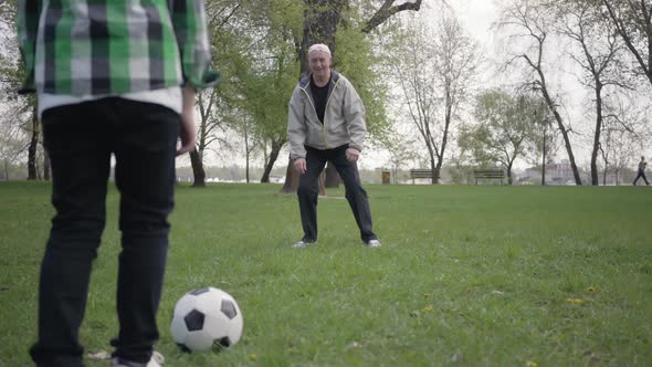 Little Boy Playing Football or Soccer with His Father or Grandfather in the Park