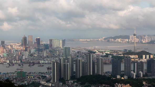 Macau Peninsula with Cathedral Chinese TV Tower Timelapse