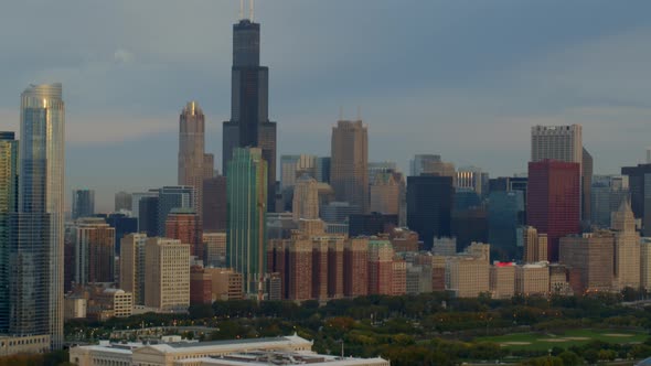 Aerial of park and beautiful skyline in Chicago