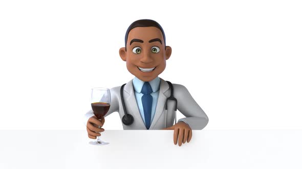 Fun 3D cartoon doctor with a glass of wine