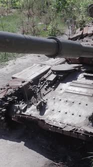 Vertical Video of a War in Ukraine  Destroyed Military Hardware