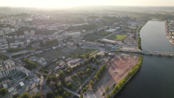 Aerial wide landscape view over Santa Clara Monastery on Mondego Riverside, Coimbra