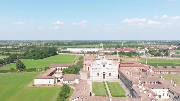 Aerial view of the Certosa di Pavia at sunny day, built in the late fourteenth century, courts and t