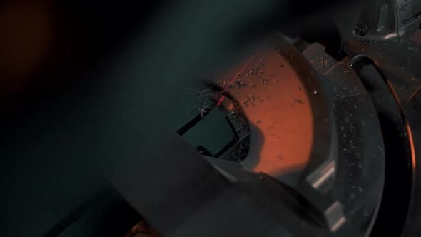 Working of the angular grinding machine in slow motion close-up
