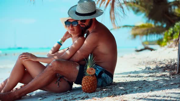 Couple Honeymoon Destination Tropical Resort Good Time. Positive Feelings On Vacation Paradise Beach
