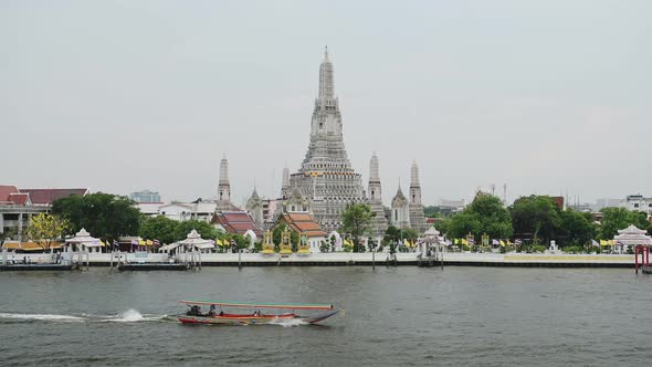 Thailand Bangkok River City Scene, Tourist Boat Trip Water Taxi and Buddhist Temple of Wat Arun City