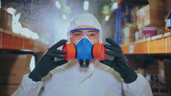 Portrait Man in Chemical Protection. Look at Camera. Disinfection. Disinfectant.