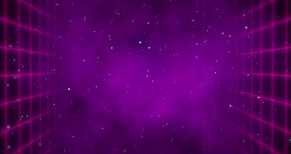 Red squared walls moving over universe background with purple fog in the center 4k