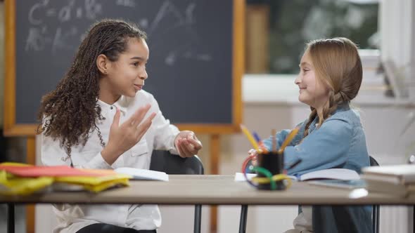 Relaxed Charming Girls Classmates Talking and Laughing Sitting at Desk on Break in Classroom