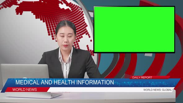 Live News Studio With Asian Professional Female Anchor And Green Screen Television Reporting