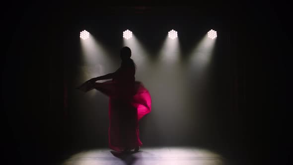 Silhouette a Young Girl Dancer in a Red Sari, Indian Folk Dance, Shot in a Dark Studio with Smoke