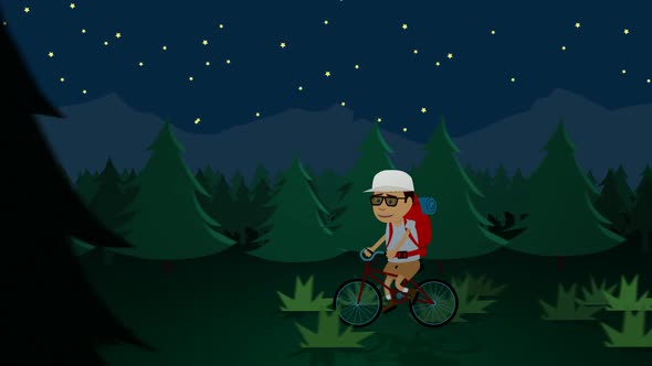 The tourist with the backpack is riding a bicycle in the forest near the camp.