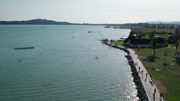 Aerial View of Lake Balaton in Hungary Coast of Balatonfured Sunny Day