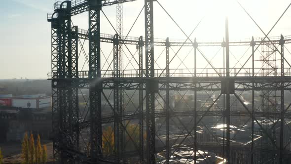 Close Up of Old Abandones Gas Holder or Gasometer in Berlin, Germany with Cityscape in Beautiful