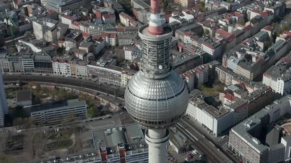 AERIAL: Wide View of Empty Berlin, Germany Alexanderplatz TV Tower with Almost No People or Cars on