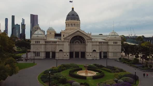 Drone flying over Melbourne's Royal Exhibition Building - quiet during the coronavirus-COVID-19 outb