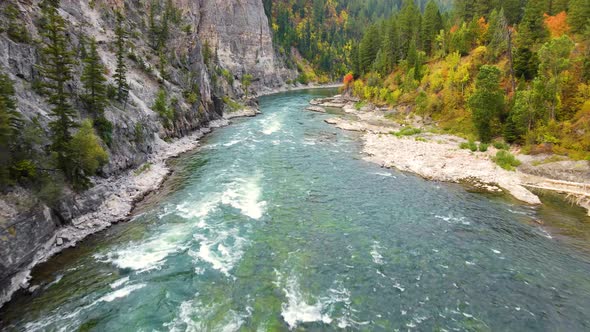 Flying over the Snake River in Wyoming, trees turning their fall colors