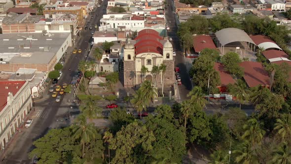 Aerial View On Parish of Our Lady of La Merced In Colima, Mexico - drone pullback