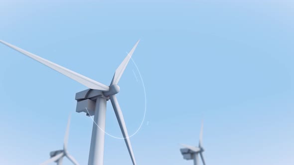 Modern Wind Turbines. Blades Rotation. 3D Graphic Animation. Green Energy