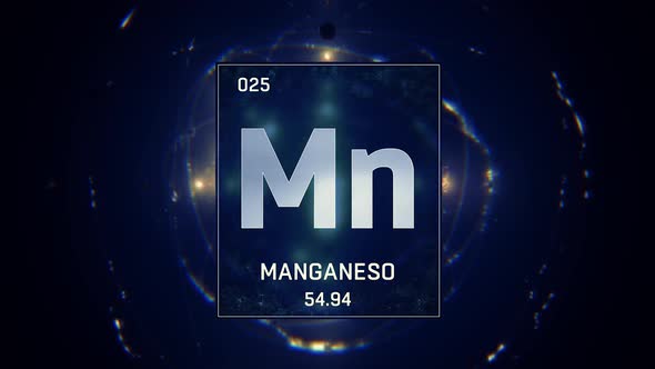 Manganese as Element 25 of the Periodic Table on blue background in Spanish Language