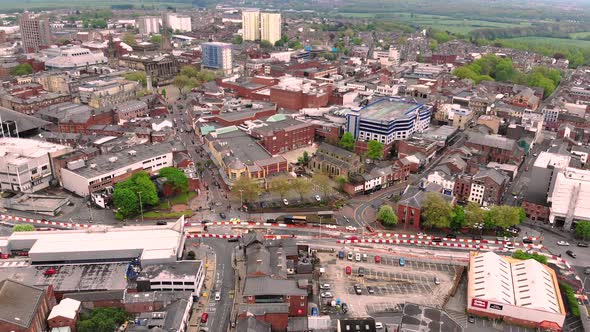 Aerial view of Harris Museum and road works on a main street in Preston