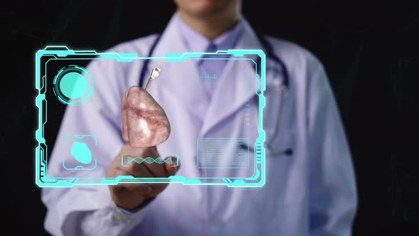 Doctor Using Augmented Reality, Animated 3D Human Body Parts. High Tech Technologically