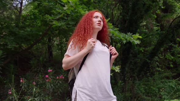 Woman Traveller Looking Around Forest