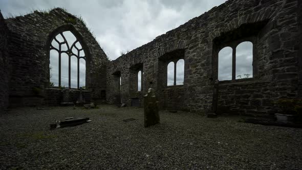 Panorama motion time lapse of Creevelea Abbey medieval ruin in county Leitrim in Ireland as a histor