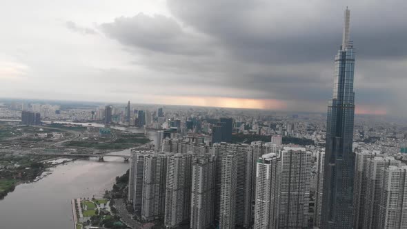 Landmark81, Viet Nam. Sunset with the rain. October,2021