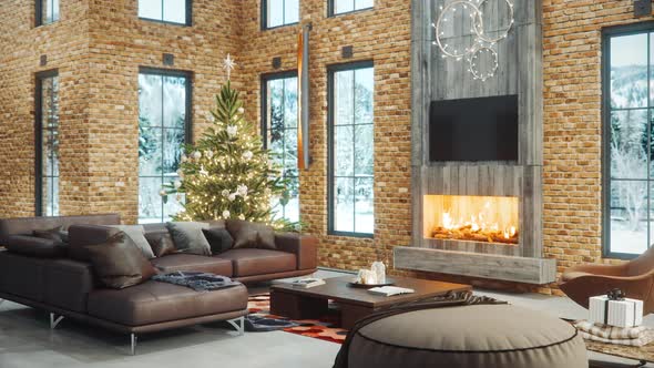 Mountain House Living Room Decorated For Christmas