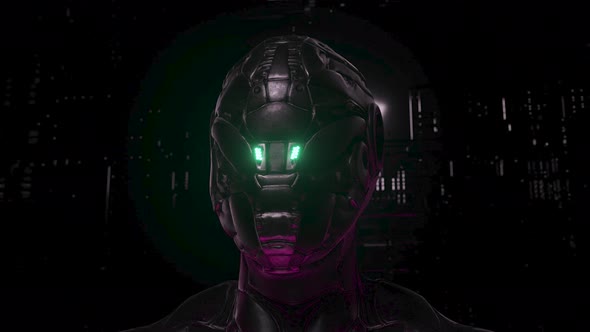 Portrait of a Cyborg with Neon Rings on a Technological Background