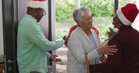 Happy group of diverse senior friends welcoming in doorway at christmas time