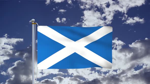 Flag Of Scotland Waving With Blue Sky