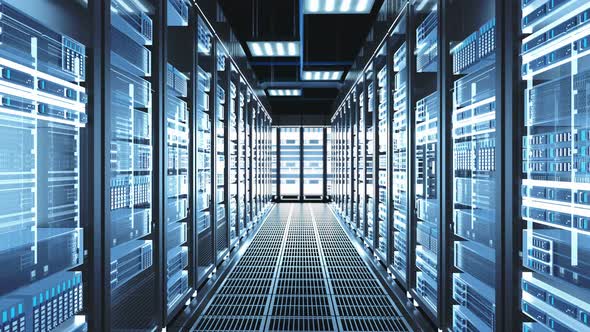 Descending Camera Shot of a Working Data Center Full of Server Racks