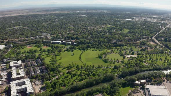 Wide aerial shot of the landscaped Ann Morrison Park in Boise, Idaho.