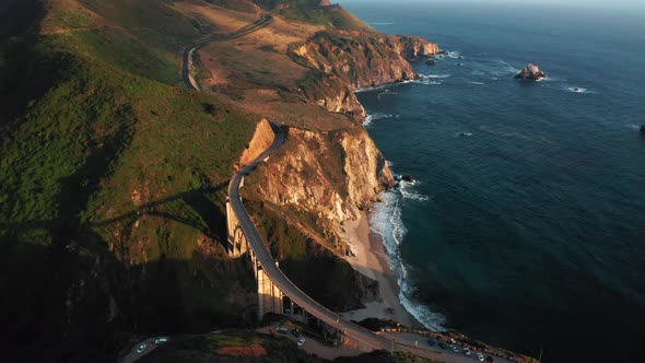 Drone Flying Over Scenic Arch Bridge at Sunset, Big Sur, California Nature