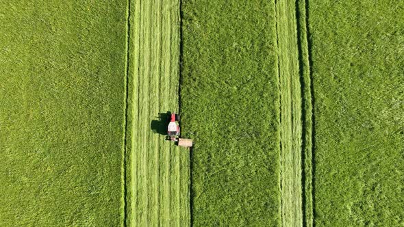 Aerial view of a tractor mowing a green fresh grass